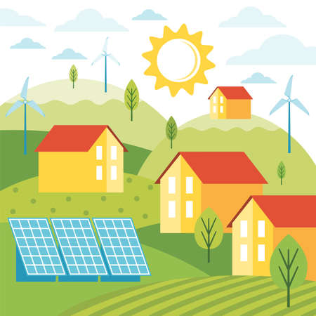 Green energy an eco friendly modern house. Eco city using alternative energy. Modern environmentally friendly town landscape with ecological infrastructure, solar panels, windmills, wind turbines.のイラスト素材