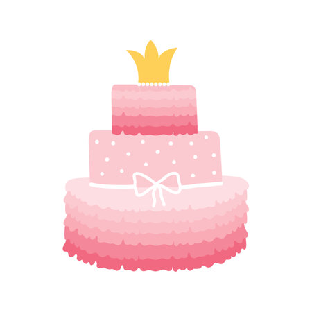 Happy holiday pink cake in three tiers for a little princess. Birthday cake with gold crown and bow isolated on white background.のイラスト素材