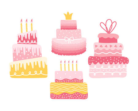 Collection of different festive cakes with pink cream and candles. Festive pastries for a wedding, birthday, anniversary.のイラスト素材