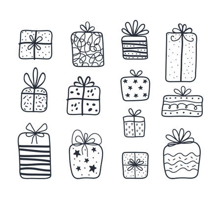 Art line drawing of different gift boxes with ribbon bow. Set of presents in black one line. Holiday doodle icons for birthday, New year, Christmas, wedding. Celebration concept in minimalism design.のイラスト素材