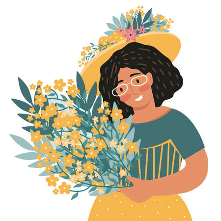 Happy female character in a straw summer hat and with bouquet of flowers. Concept of love yourself, care, acceptance, lifestyle, body positive, mental health. Portrait of a woman. Vector illustrationのイラスト素材