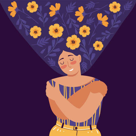 Love yourself, care, acceptance, mental health, happiness, body positive, harmony creative concept. Woman with flowers in hair stands closed eyes and hugs herself. Flat cartoon vector illustrationsのイラスト素材