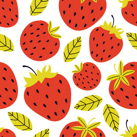 Seamless pattern of juicy red strawberries on a white background. Whole and half sweet berries....
