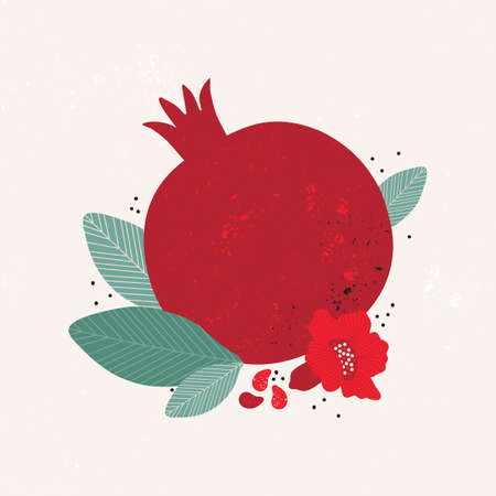 Red juicy pomegranate vintage vector illustration. Sweet tropical fruits. Abstract composition for social media, postcards, print. Design for cosmetics, spa, pomegranate juice, health care products.のイラスト素材