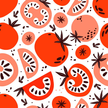 Seamless Pattern of red and pink tomatoes. Slice, half, whole tomato on white background. Healthy vegetables vector texture. Vegan, farm, organic, detox. Hand drawn illustration in trendy simple styleのイラスト素材