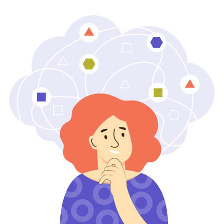 A young woman thinks about solving problems. Mind behavior concept. Decision making and logical thinking in difficult tasks. Problem management with analysis skills. Color flat vector illustration.のイラスト素材