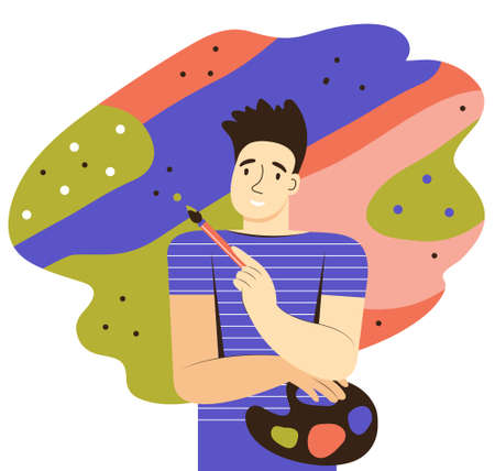 Young man paints with paints. Creative imagination. Mind behavior concept. An artist with a brush and paints. Mental mindset, leisure pastime, hobby, positive thinking. Flat vector illustration.のイラスト素材