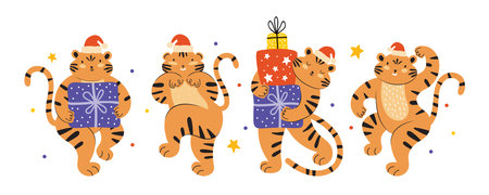 Set of cute tigers with christmas gift in a santa claus hat. Horizontal Festive banner with funny animal characters. Wishes of a Happy New Year 2020. Symbol of the Year of Tigerのイラスト素材