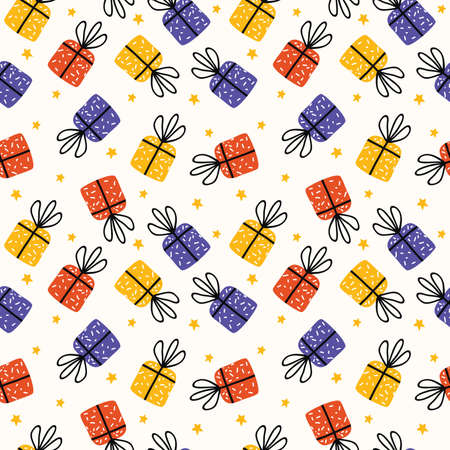 Seamless pattern for Happy New year, Christmas, birthday. Colorful gift boxes in scandinavian style. Presents and gifts festive wrapping paper. Celebration, greeting card backdrop, textile, print.のイラスト素材