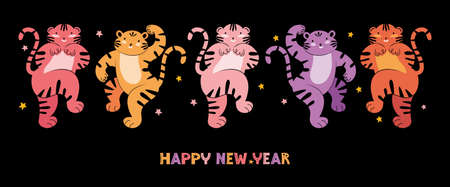 Cute colorful tigers dancing at a holiday party. Festive horizontal banner or a postcard for a happy new year. Illustration with colored cartoon wild animals on a black background. Congratulatory textのイラスト素材