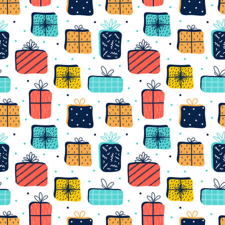 Seamless pattern of Colored Gift Boxes with Ribbon. Festive cartoon background for birthday,...