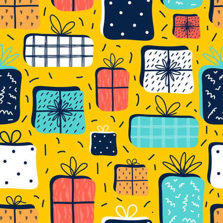 Seamless pattern of Colored Gift Boxes with Ribbon. Festive cartoon background for birthday, Christmas, New year, anniversary. Kids wallpaper, hand drawn flat textile designのイラスト素材