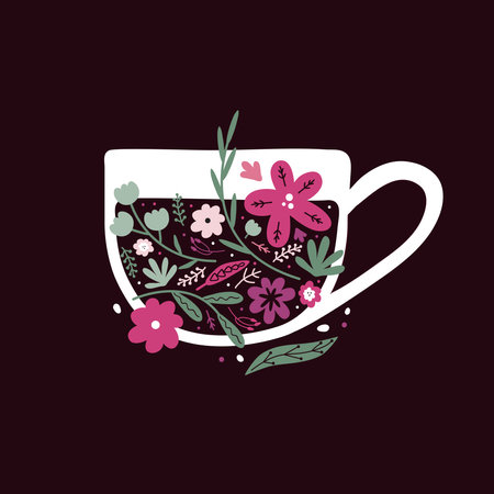 Silhouette cup herbal tea with different flowers on dark background. Tea party. Hand drawn vector illustration in Scandinavian style for websites, applications, posters, stickers, postcards.のイラスト素材