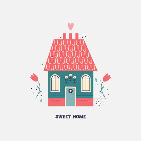 Cute tiny Scandinavian cozy house. Exterior of a rustic building with a tiled roof, chimney, windows and a door. Poster or banner with lettering sweet home. Hand drawn vector flat illustrationのイラスト素材
