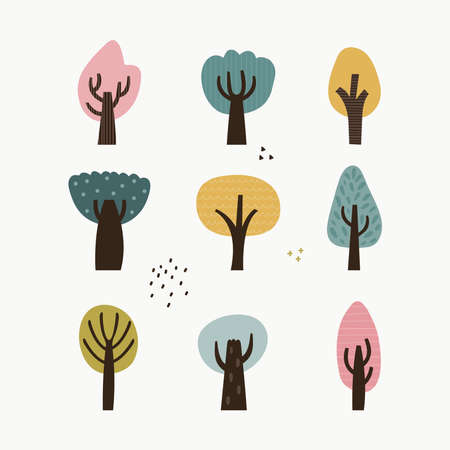 Collection of various deciduous trees in Scandinavian style. Set cartoon doodle trees with leaves and a lush crown. Primitive plant drawing. Hand drawn illustration in a primitive childish styleのイラスト素材