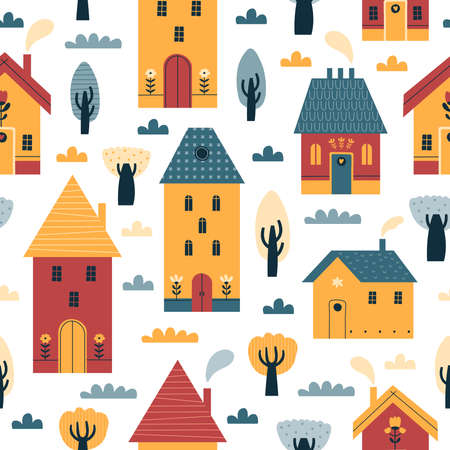 Urban landscape with cute tiny houses seamless pattern. Cityscape abstract background with scandi houses, small buildings, trees and shrubs in Scandinavian style. Colored vector illustrationのイラスト素材