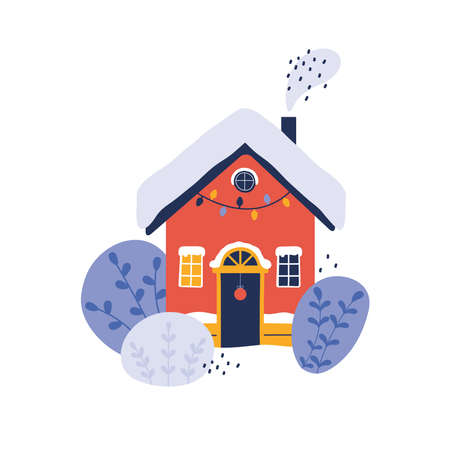 Cozy house in the snow is festively decorated. Merry Christmas and Happy New Year. Winter city landscape. Outside village house interior. Hand drawn illustration in cartoon flat styleのイラスト素材