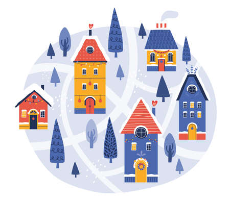 Merry Christmas and Happy New Year. Cute Scandinavian town on background a snowy winter landscape. Hand drawn illustration of Christmas tree, city, houses, streets for postcard, banner, poster.のイラスト素材