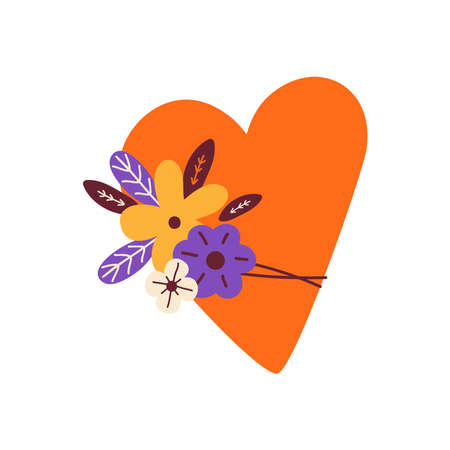 Red heart decorated with spring flowers. Symbol of love. Vector icon for Valentines day, February 14. Hand drawn vector illustration in Scandinavian style.のイラスト素材