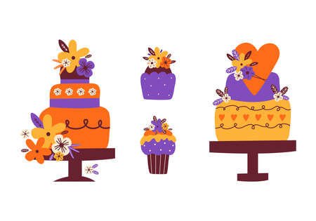 Holiday cream cake decorated with flowers. Vector set festive icons of desserts for anniversaries,...