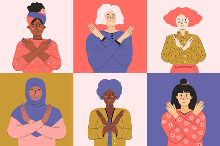 Break the bias. Womans international day 8th march. IWD. Women with different skin color and ethnic groups cross their arms on their chest. Choose To Challenge. Horizontal poster, bannerのイラスト素材