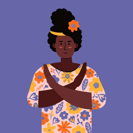 Break the bias. Women's international day. IWD. 8th march. Black woman cross arms his chest in protest. Women's Movement. Against discrimination, inequality, stereotypes. illustration in flat vectorのイラスト素材