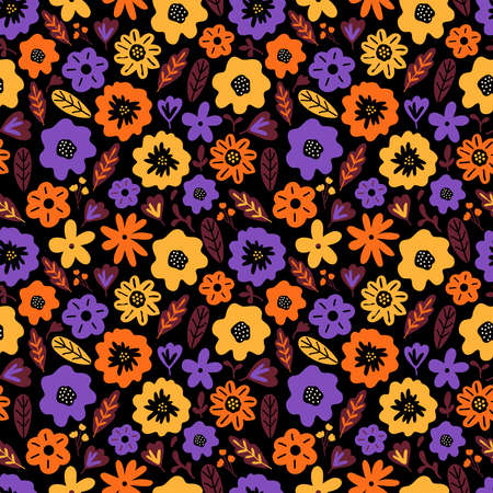 Blooming summer meadow seamless pattern. Repeating floral pattern on dark background. Lot of different wild yellow, red, purple flowers on the field. Liberty mille fleurs. Scandinavian styleのイラスト素材