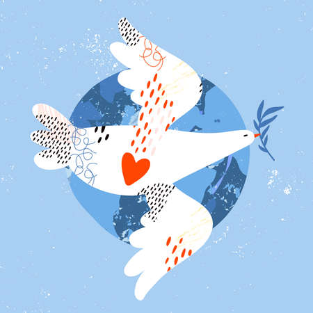 White dove of peace with olive branch flies over blue globe. Bird soaring in the sky. Pigeon international symbol of peace. Conceptual illustration no war. Hand drawn vector illustration, poster.のイラスト素材