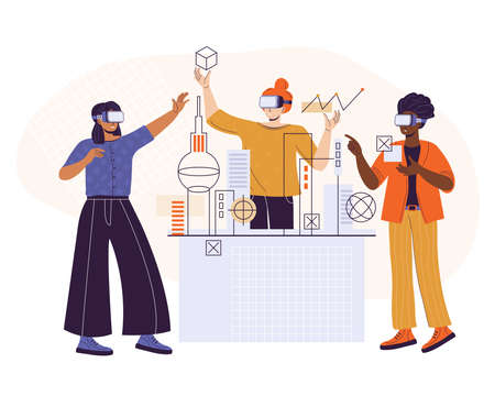 Break the bias. Women of different ethnic groups in VR headsets experiencing virtual reality simulation. Professional female engineers design houses in virtual reality. Women work. Vector illustrationのイラスト素材