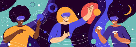 Metaverse digital virtual reality. Multicultural womens team working in VR headset and futuristic glasses. Outer space, planets and stars. Break The Science Bias. Colorful flat vector illustration.のイラスト素材