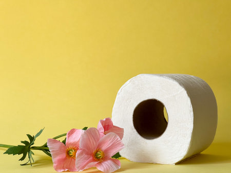 A roll of toilet paper and a flower on a yellow backgroundの写真素材