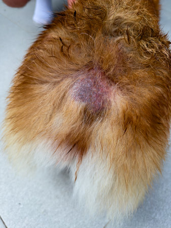 Flea dermatitis in the tail area and a small allopecia in the dog on the backの写真素材