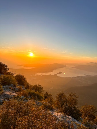 Red and orange sunset over the Gulf of Kotor, Montenegroの写真素材