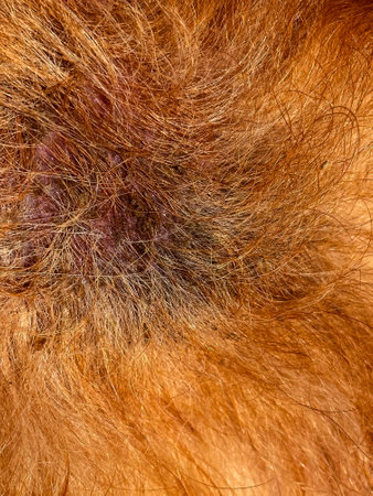 Skin disease in dogs. Fluffy wool shows redness and dark crusts on the skinの写真素材