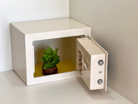 Conservation and care for nature. Succulent stands in a white safeの写真素材