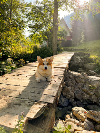 Cute corgi puppy resting on the bridge across the stream, vertical photo
