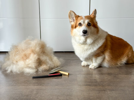 Corgi dog sitting next to a pile of shed fur with grooming toolsの写真素材