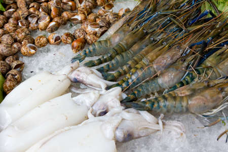 Seafood on ice at the fish marketの写真素材