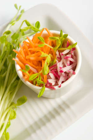Carrot and radish salad on white dishの写真素材