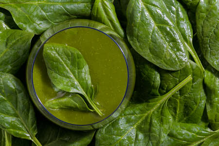 A top view of a glass bowl filled with a spinach vegetable smoothie surrounded by raw spinach leaves.の写真素材