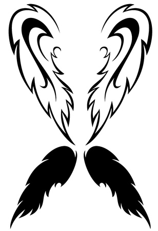 pair of wings - black and white outline and silhouetteのイラスト素材
