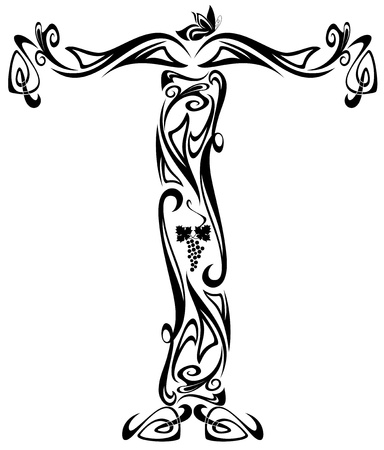 Art Nouveau style vintage font - letter t black and white outline のイラスト素材