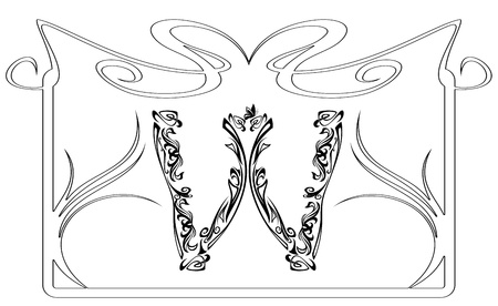 Art Nouveau style vintage font - letter W monochrome outline and frameのイラスト素材