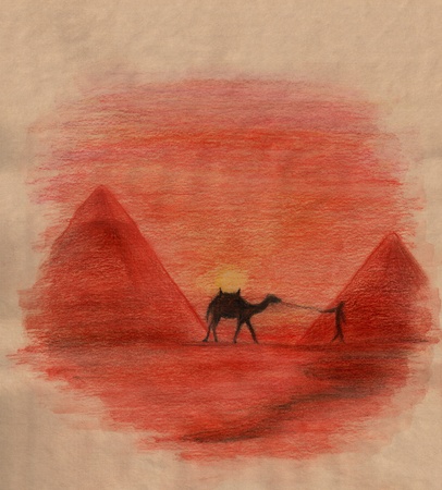 traditional Egyptian landscape with pyramids, camel and bedoiun - watercolor pencil drawingの写真素材