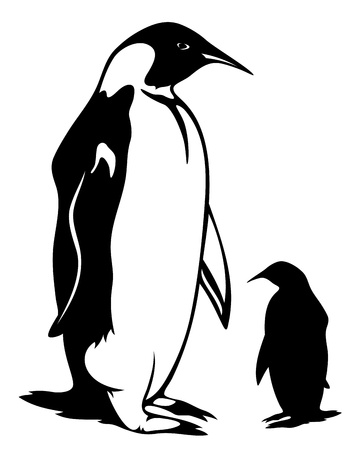 penguin vector illustration - black outline and silhouetteのイラスト素材