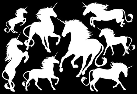 unicorns fine silhouettes - white outlines over blackのイラスト素材