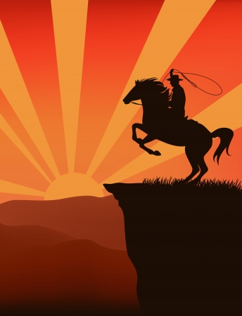 cowboy on top of mountain at sunset  - silhouette against sky with sun raysのイラスト素材