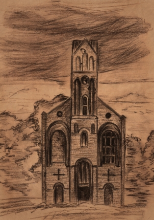 Ruins of old Lutheran kirk in Kaliningrad region, Russia - sepia toned pencil drawingの写真素材