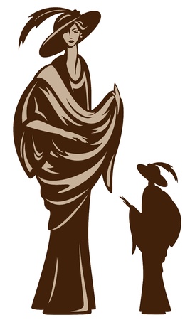 retro fashion - vector illustration - elegant woman wearing long dress and a hatのイラスト素材