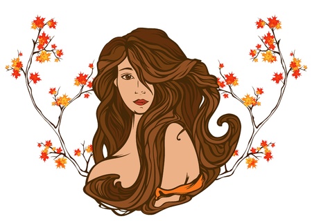 	art nouveau style autumn beauty portrait among bright foliageのイラスト素材